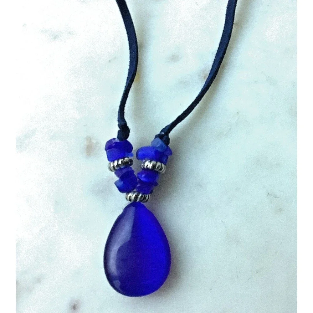 Cobalt Blue Glass Pendant Teardrop Beads Artistic Cord Necklace